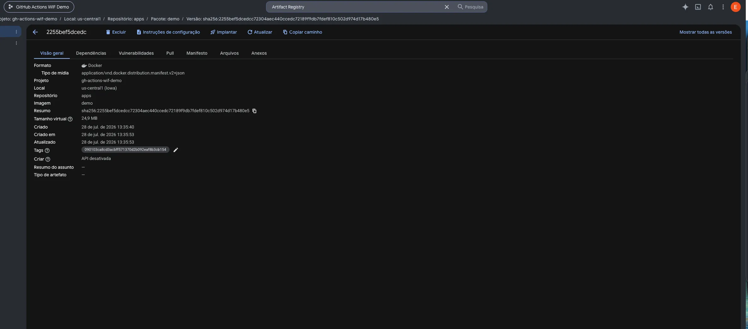 Detalhes do pool GitHub Actions Pool no console GCP