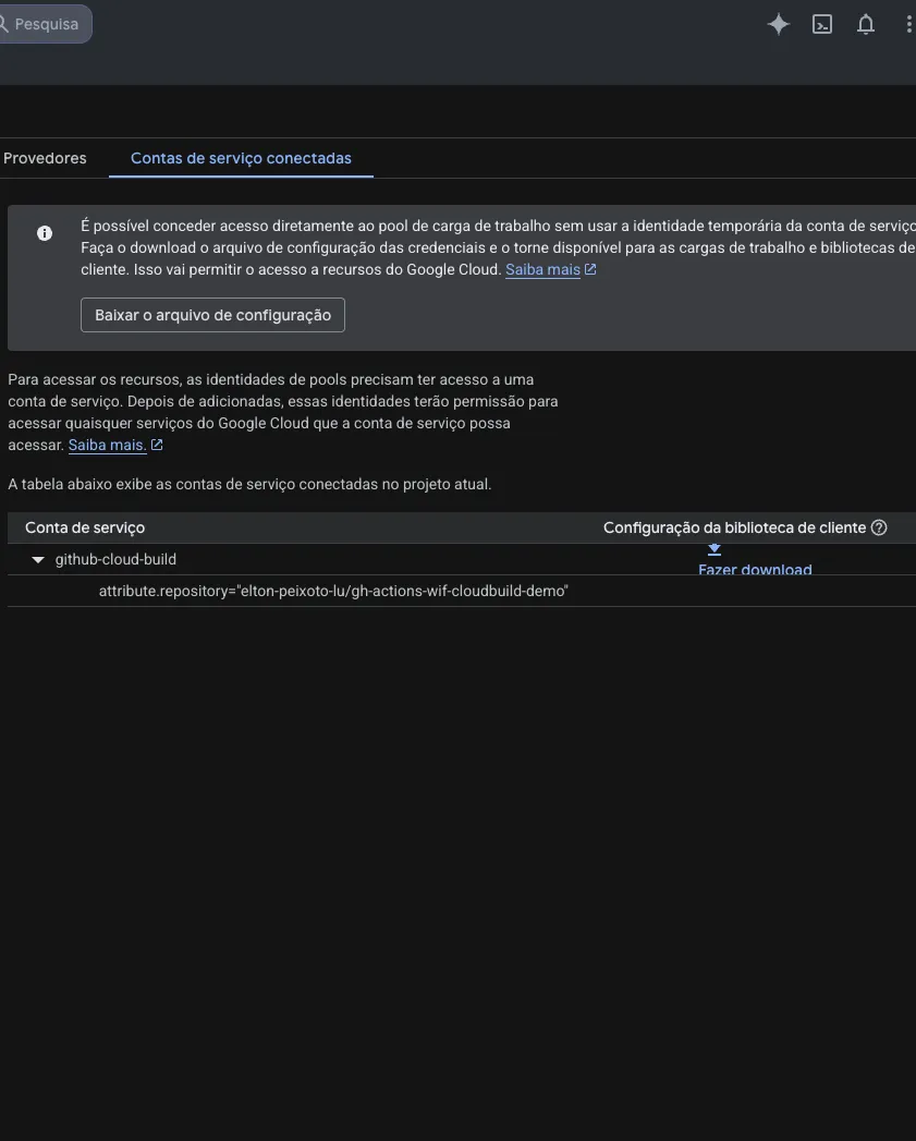 Contas de serviço conectadas ao pool, mostrando o atributo de repositório