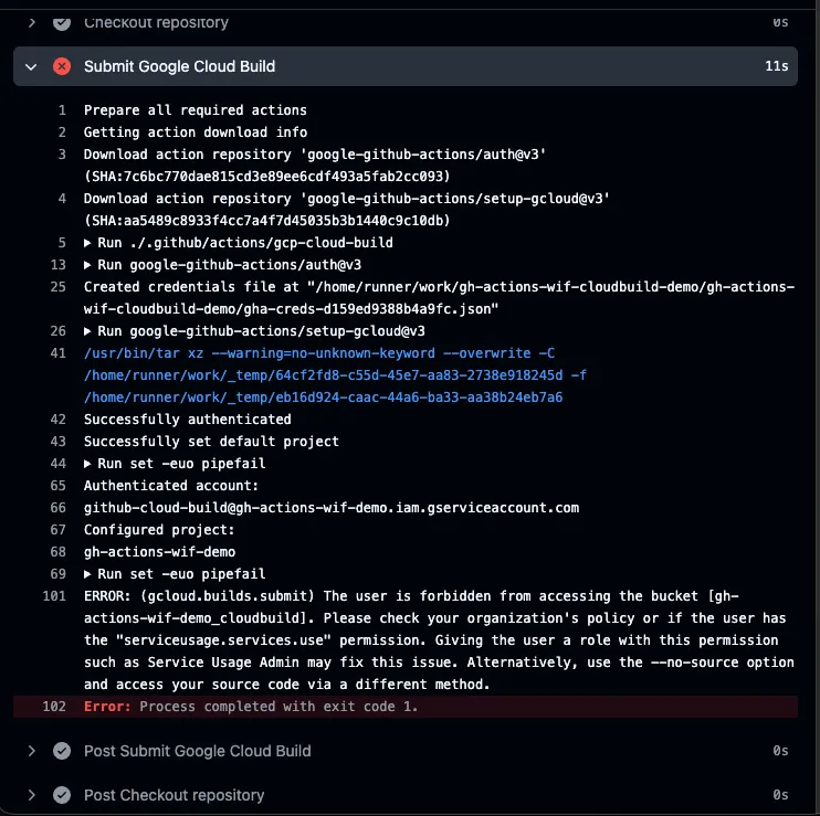 Log de erro mostrando bucket forbidden no primeiro run do workflow