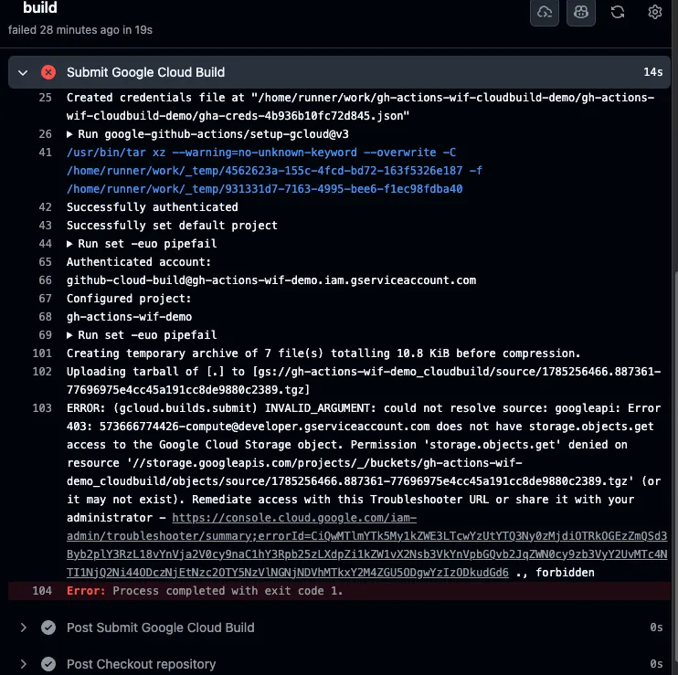 Log de erro mostrando storage.objects.get denied ao ler o tarball de source