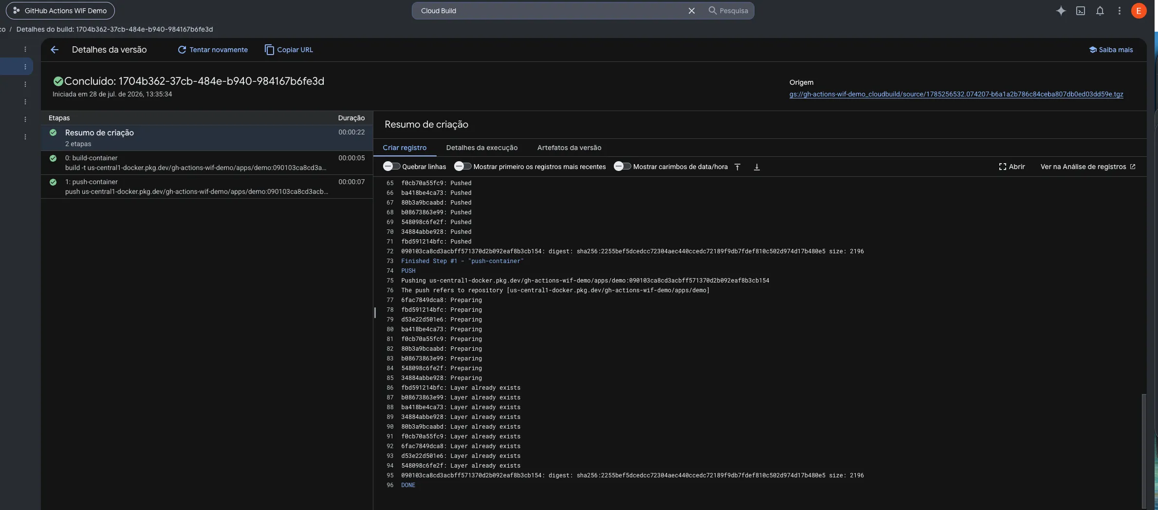 Detalhes da versão do build no Cloud Build, mostrando steps e origem do tarball