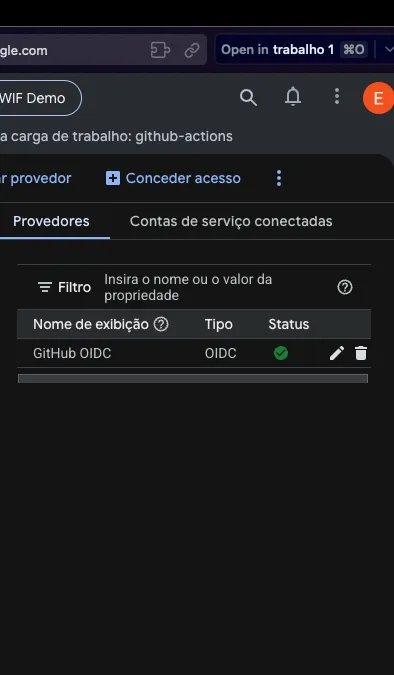 Lista de provedores dentro do pool, mostrando o GitHub OIDC ativo