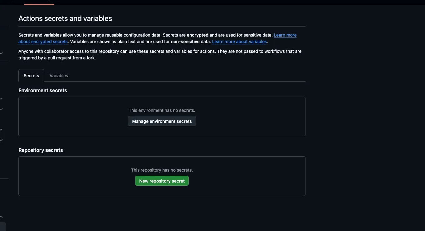 Aba de Secrets and variables do repositório GitHub, sem nenhum secret cadastrado