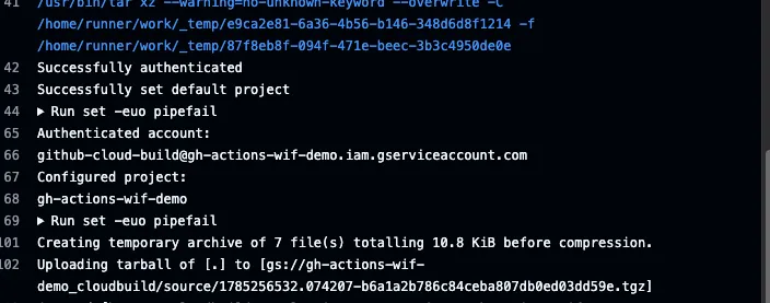 Log do step Submit Google Cloud Build mostrando autenticação bem-sucedida